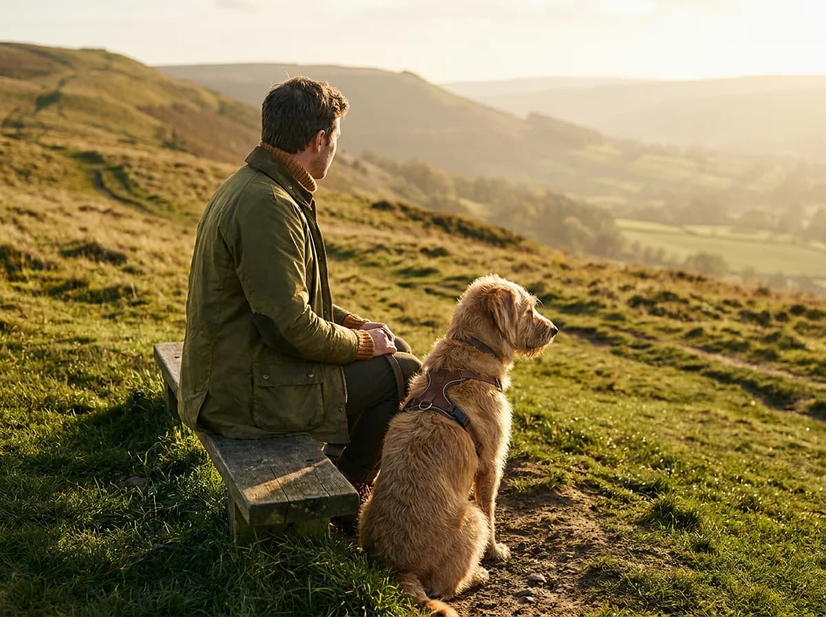 A person sitting outdoors with their dog on a trail at golden hour