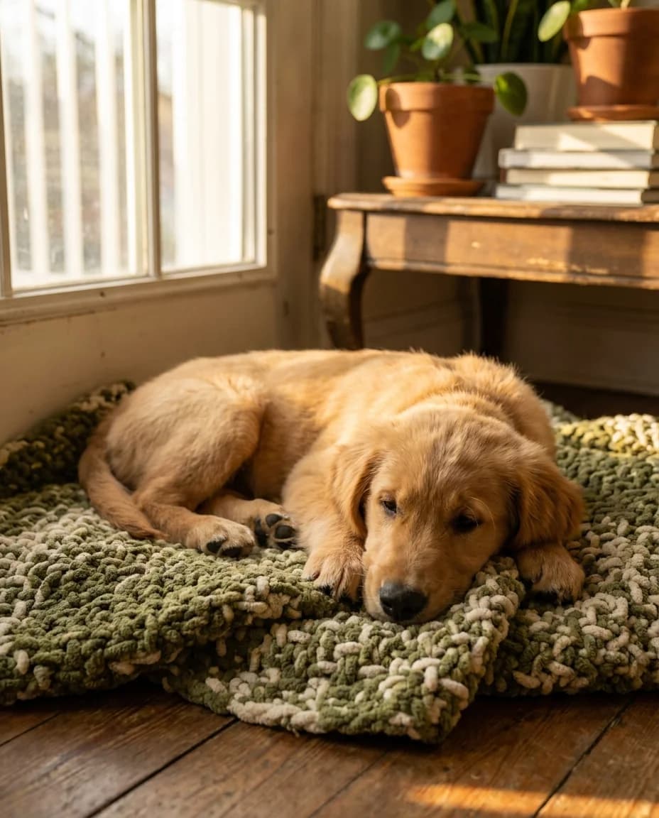 A golden retriever puppy resting calmly on a soft blanket in warm afternoon light